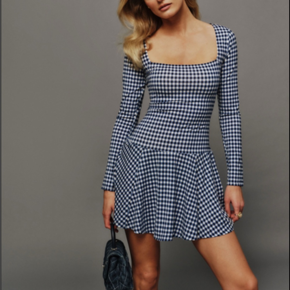 Reformation Blue and White Gingham Long Sleeve Dress